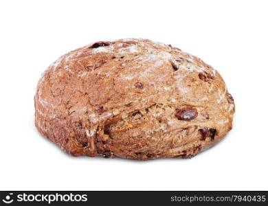 loaf of sour cherry and walnut rye bread isolated on white background