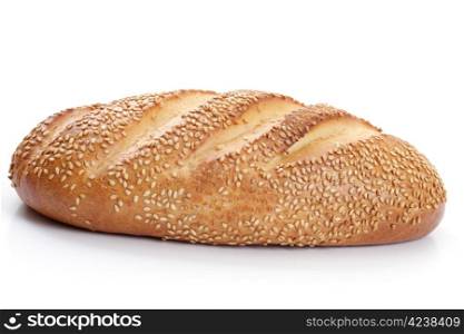 loaf of white bread with sesame seeds on a white background