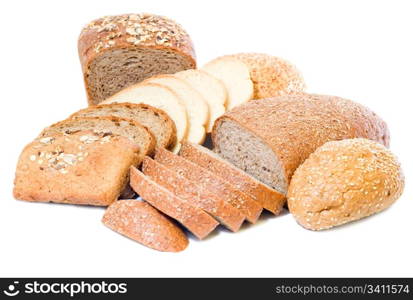 loafs of whole wheat and rye bread isolated on white background