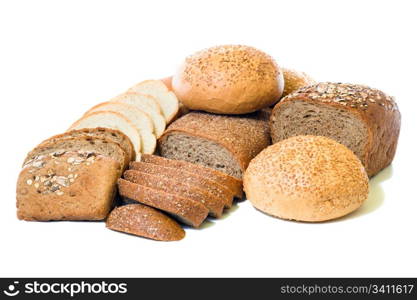 loafs of whole wheat and rye bread isolated on white background