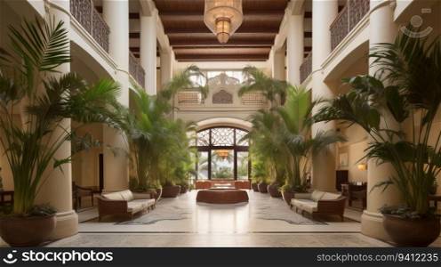 Lobby lobby of an architecturally luxurious tropical hotel. Style modern business interior. Header banner mockup with copy space. AI generated.. Lobby lobby of an architecturally luxurious tropical hotel. Style modern business interior. AI generated.
