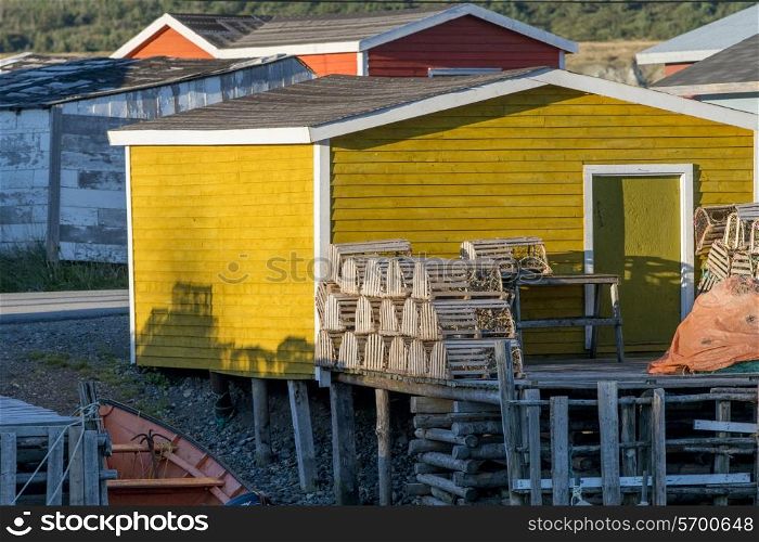 Lobster traps at fishing dock, Trout River, Southeast Brook Falls, Gros Morne National Park, Newfoundland and Labrador, Canada