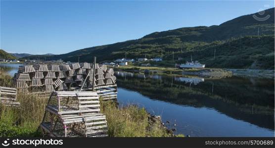 Lobster traps at fishing dock, Trout River, Southeast Brook Falls, Gros Morne National Park, Newfoundland and Labrador, Canada