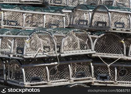 Lobster Traps stacked at harbor, Cabot Beach Provincial Park, Malpeque Bay, Prince Edward Island, Canada
