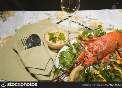 lobsters and crayfish sauce on colored background