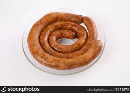 Local Northern Thai food , Northern Thai spicy sausage street food isolated in white background