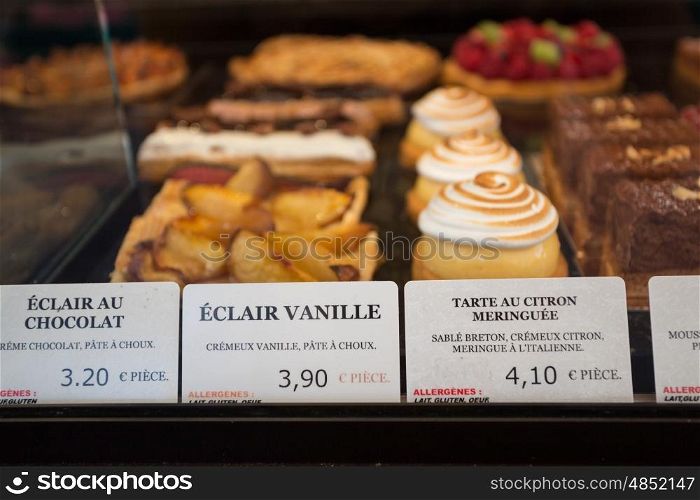 Local patiserie in Paris showing the typical french pastries