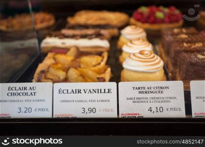 Local patiserie in Paris showing the typical french pastries