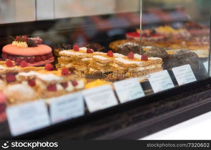 Local patiserie in Paris showing the typical french pastries