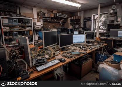 local tech repair shop, fixing broken devices and recycling parts, created with generative ai. local tech repair shop, fixing broken devices and recycling parts