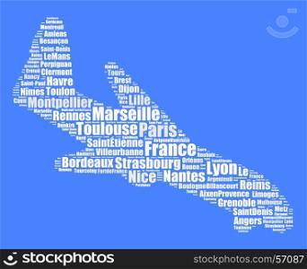 Localities in France word cloud concept over airplane shape