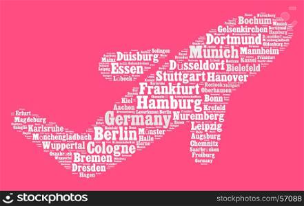Localities in Germany word cloud concept over airplane shape