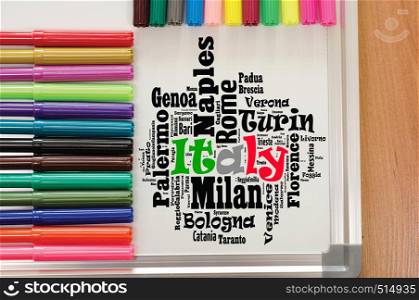 Localities in Italy word cloud travel concept over whiteboard background