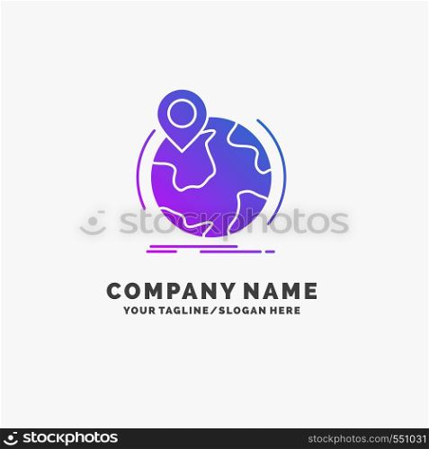 location, globe, worldwide, pin, marker Purple Business Logo Template. Place for Tagline.. Vector EPS10 Abstract Template background