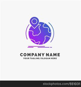 location, globe, worldwide, pin, marker Purple Business Logo Template. Place for Tagline.. Vector EPS10 Abstract Template background