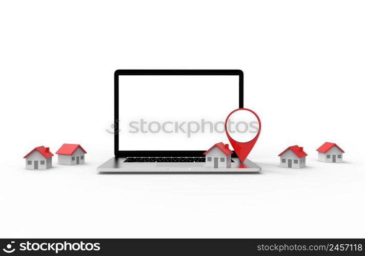 Location icon and house put on modern laptop isolated on white background. 3D Illustration.