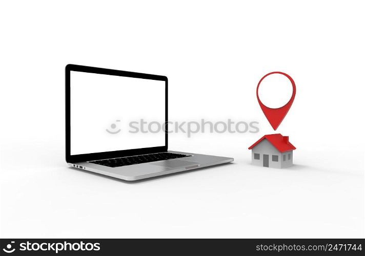 Location icon and house put on modern laptop isolated on white background. 3D Illustration.