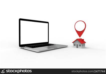 Location icon and house put on modern laptop isolated on white background. 3D Illustration.