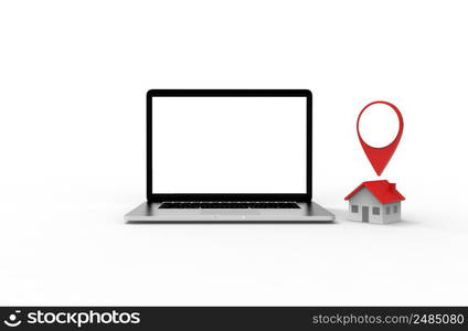 Location icon and house put on modern laptop isolated on white background. 3D Illustration.