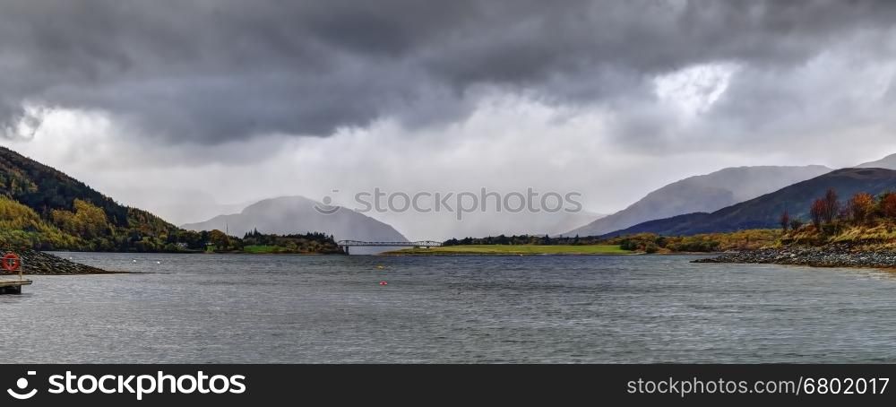 Loch Leven, Glencoe, Highlands, Scotland. Windy and rainy october day.