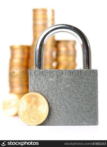 lock and coins, isolated on white