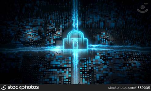 Lock Icon Cyber Security, Digital Data Network Protection, Future Technology Network Background Concept.