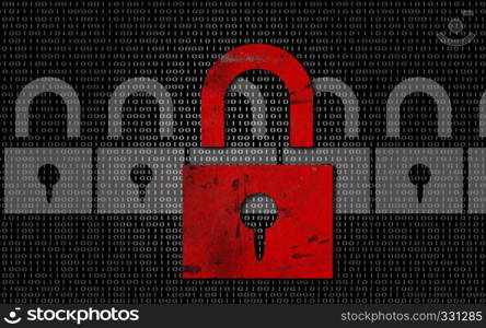 Lock on digital binary code background, 3D rendering