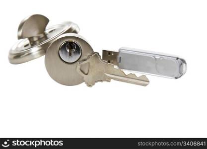 lock with key and thumb drive on white background