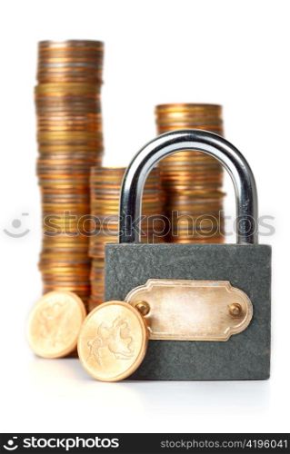 locked coins, isolated on white