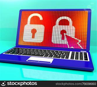 Locked Padlock On Laptop Showing Access Or Protection. Locked Padlock On Laptop Shows Access Or Protection