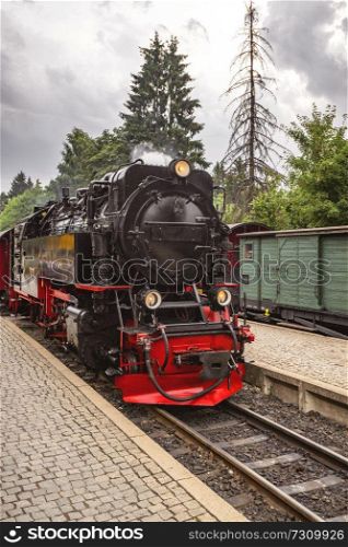 Locomotive arriving at a train station with trees in the background