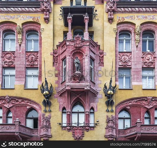 LODZ, POLAND - JULY 28, 2016: The facade of an old house built in 1440 - Piotrkowska street house 86 in the city of Lodz. Poland