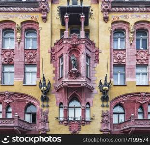 LODZ, POLAND - JULY 28, 2016: The facade of an old house built in 1440 - Piotrkowska street house 86 in the city of Lodz. Poland
