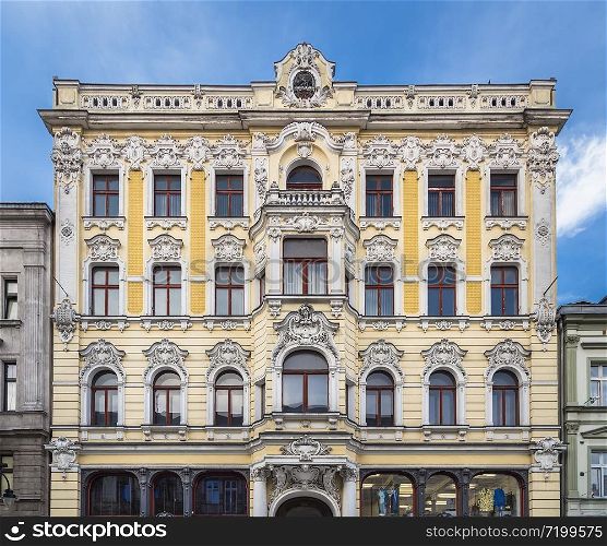 LODZ, POLAND - JULY 28, 2016: The facade of an old house namber 90 on Piotrkowska street in the city of Lodz. Poland