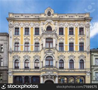 LODZ, POLAND - JULY 28, 2016: The facade of an old house namber 90 on Piotrkowska street in the city of Lodz. Poland