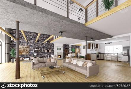 Loft apartment interior, dining, living room, kitchen 3d rendering