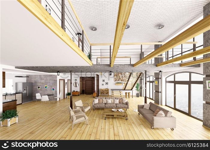 Loft apartment interior, living room, hall, kitchen, staircase 3d render