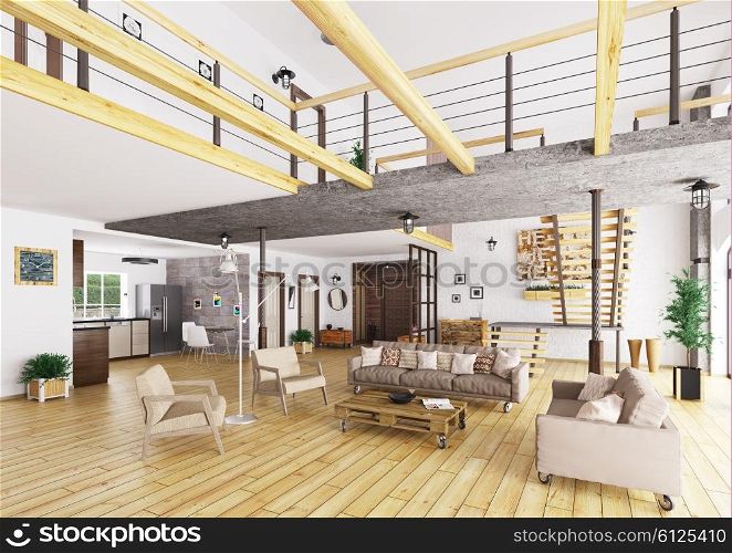 Loft apartment interior, living room, hall, kitchen, staircase 3d render