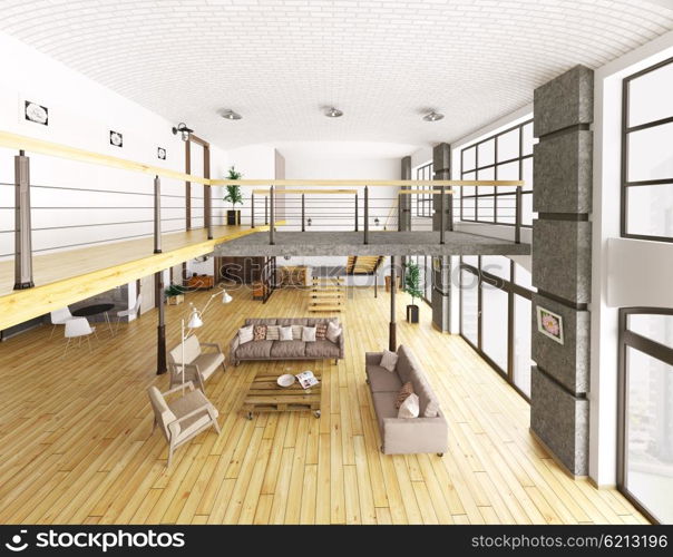 Loft apartment interior, living room, hall, staircase top view 3d rendering