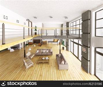 Loft apartment interior, living room, hall, staircase top view 3d rendering