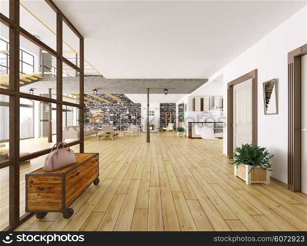 Loft apartment interior, living room, kitchen, hall 3d rendering