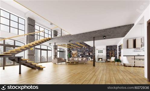 Loft apartment interior, living room, kitchen, staircase 3d rendering