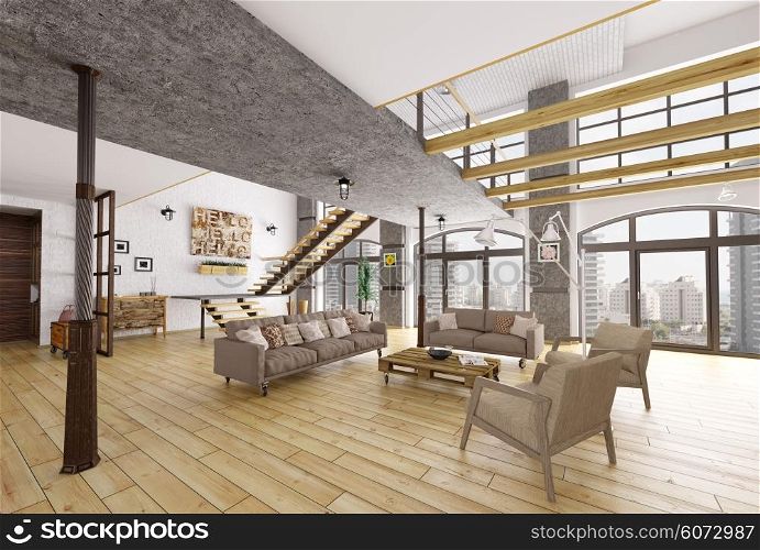 Loft apartment interior, living room, staircase 3d rendering