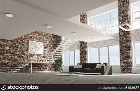 Loft apartment living room with sofa interior 3d rendering