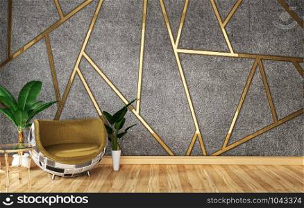 Loft living room interior with sofa and green plants on wall moulding gold concrete background,minimal designs, 3d rendering