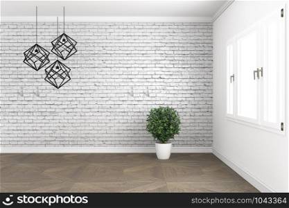Loft room design, with lamp and plants on white windows in brick wall on wooden floor. 3D rendering