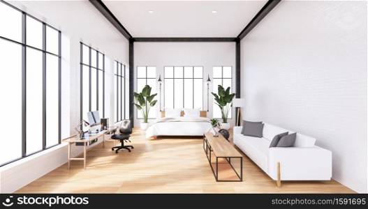 Loft room with sofa and plants decoration on wooden floor.3D rendering