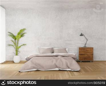Loft style bedroom with raw concrete ,wooden floor,big window 3D rendering