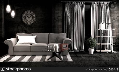 Loft style in dark room interior design. 3D rendering