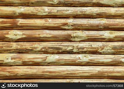 Log Cabin Or Barn Unpainted Debarked Wall Textured Horizontal Background With Copy Space. The Log Cabin Or Barn Unpainted Debarked Wall Textured Horizontal Background With Copy Space